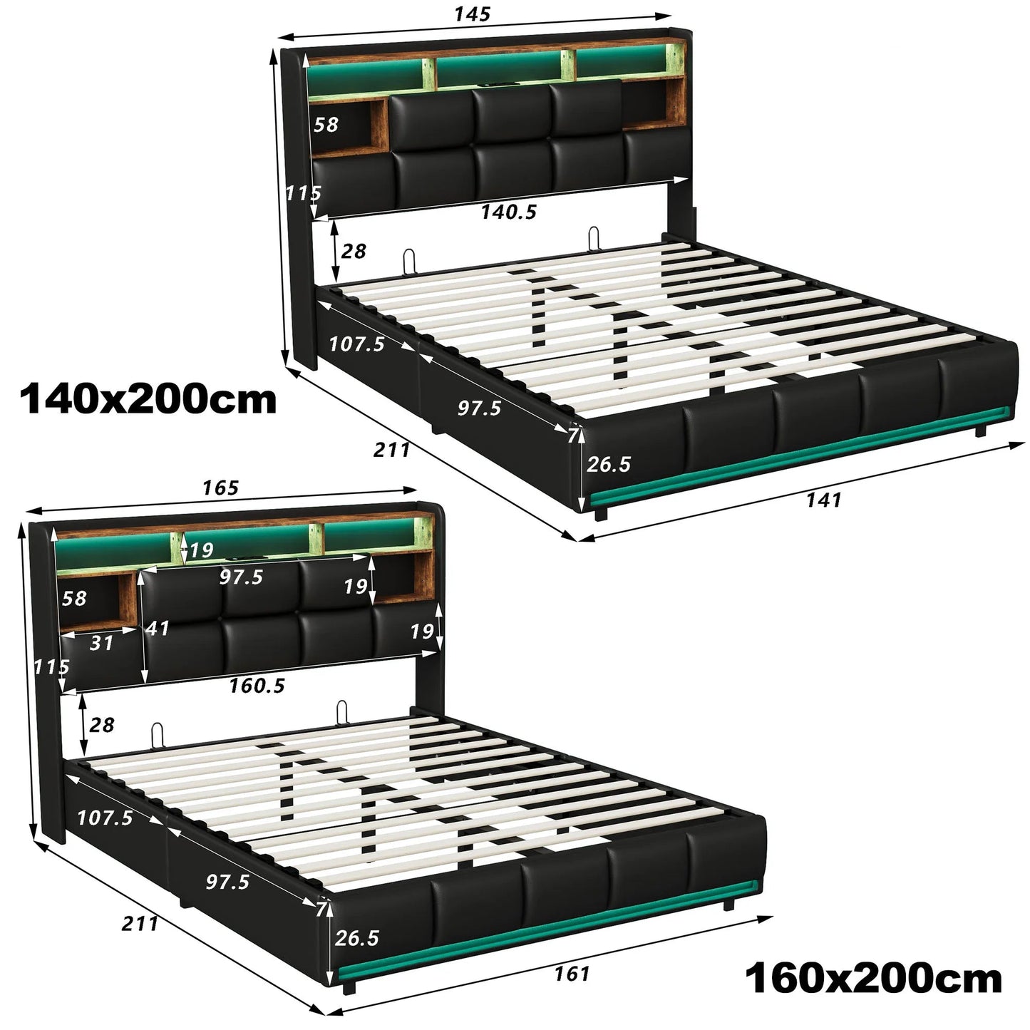 Opbergbed – Hydraulisch Bed – Opbergruimte Bed – LED Bed – USB Bed – Zwart PU Design – Maximale Belastbaarheid 340 Kg