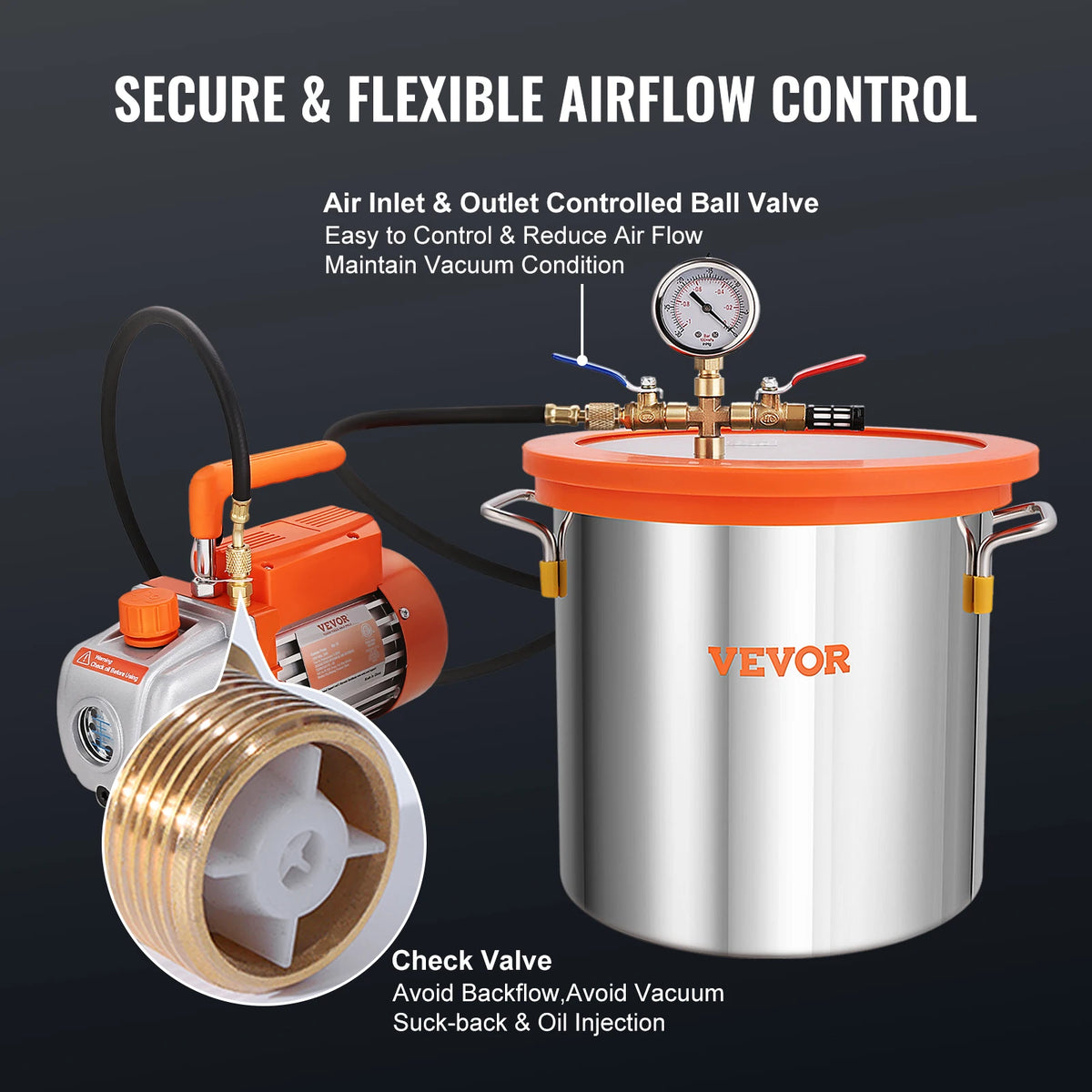 Vevor - Vacuümpomp - Koelmiddel Vacuümpomp - Gereedschap voor koeling - Vacuümpomp enkeltraps - 5 Gallon - Vacuümkamer - Deksel van gehard glas voor het stabiliseren van houtontgassende Siliconen Epoxie - 3.5CFM - Oranje
