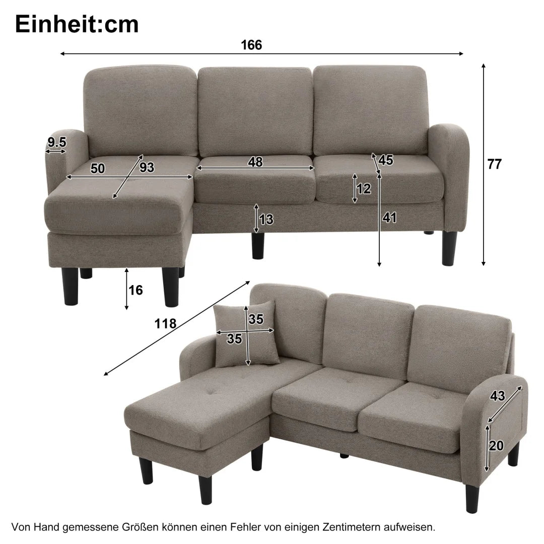 L-Vormige Bank – Hoekbank – 3-Zits Sofa – Modulair Zitmeubel – Loungesofa – Ademend Katoen-Linnen – Compact 166x118x77 CM