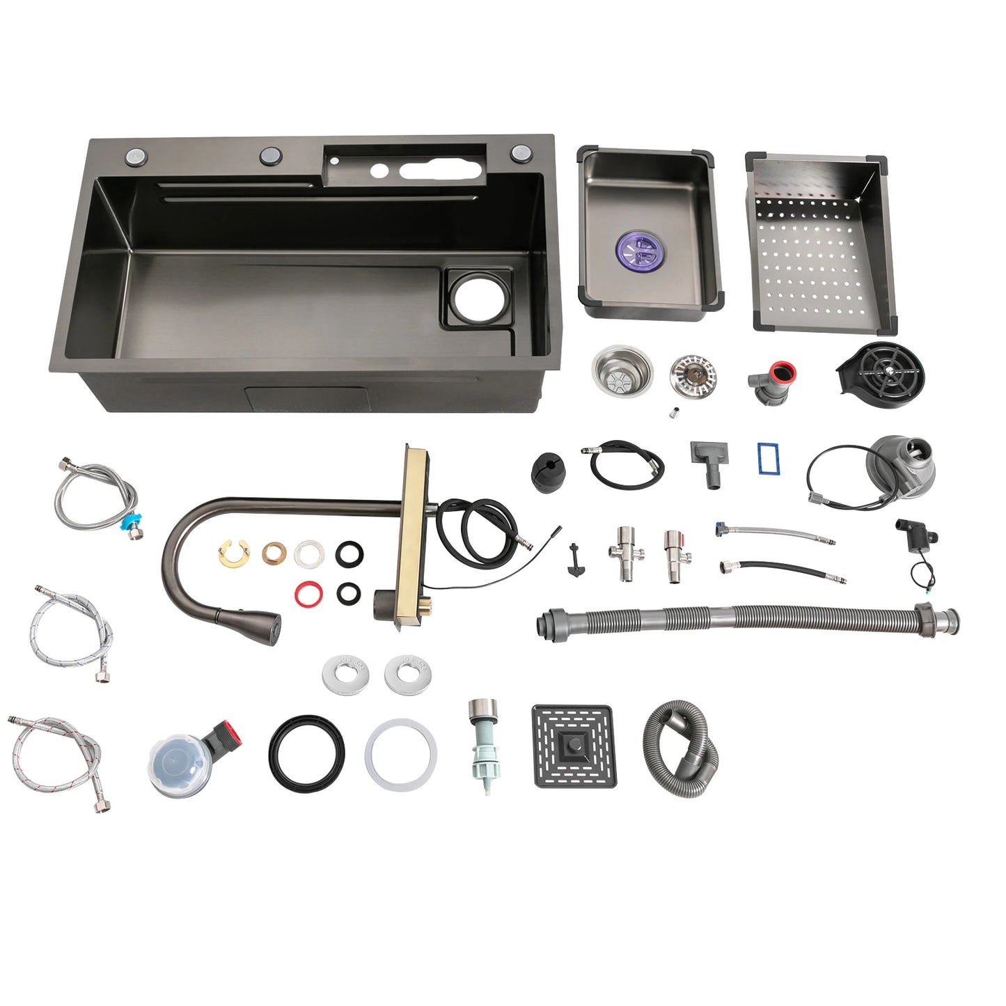 Ruime Keukenspoelbak – Dubbele Spoelbak – Werkstation Spoelbak – Keukenbak – RVS Spoelbak – Digitale Waterval Kraan – Uittrekbare Sproeikop – 80 x 46 cm – Nano Elektrolytische Coating