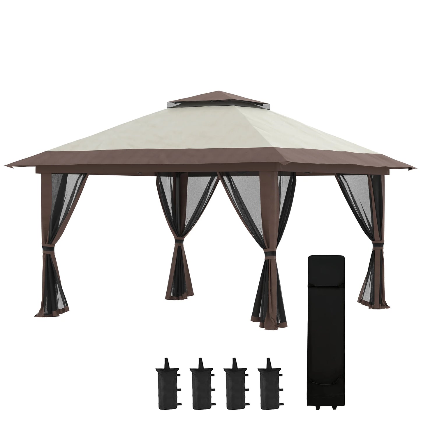 Tuinpaviljoen - Vouwtent – Pop-Up Tent – Opvouwbare Tent – Beschutting Tent – Verstelbare Hoogte – Waterafstotend Oxford Polyester – Metalen Frame - 4 x 4 m - Beige - QUORE