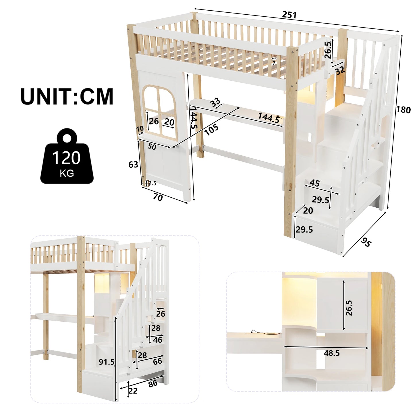 Hoogslaper – Kinderbed – Stapelbed – Bedframe – Huisvormig Bed – 90x200 cm – Massief Hout – Veel Opbergruimte Met Kastjes En Trap