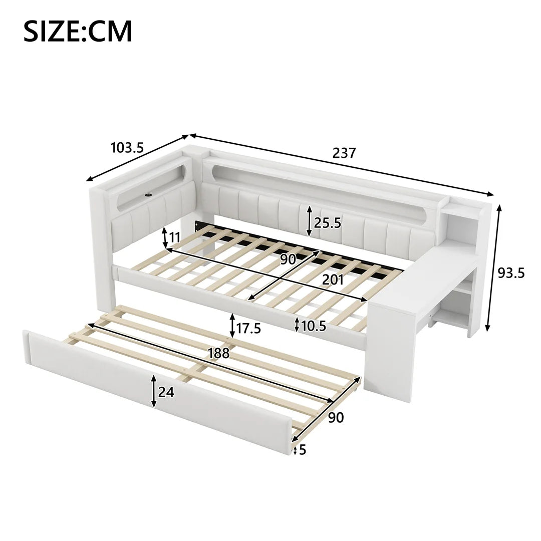 Eenpersoonsbed – Bedframe – Uittrekbed – Smart Bed – Studentenbed – Zonder Matras – Met Uittrekbed en Bureau – 90x200 cm – Wit Design