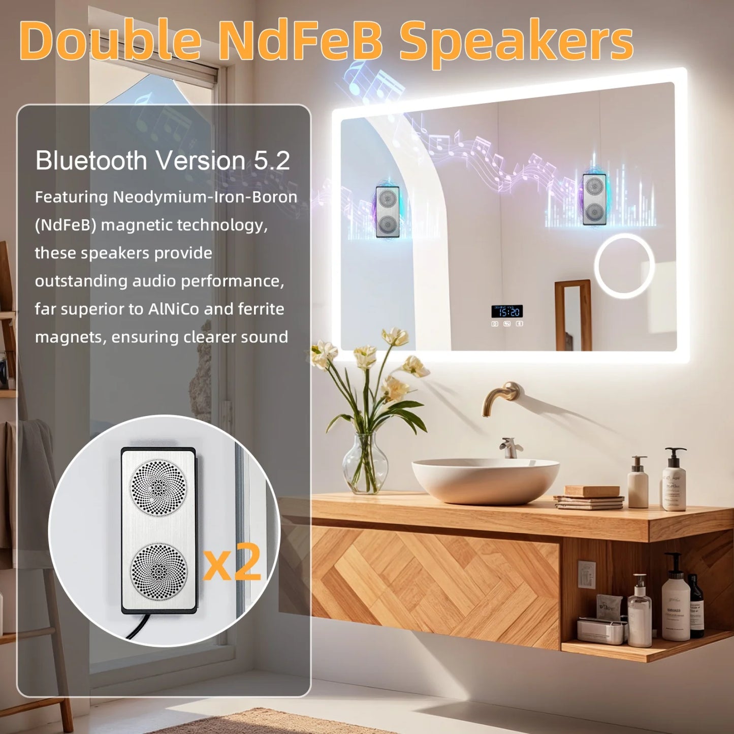 LED Badkamerspiegel – LED Spiegel – Make-up Spiegel – Vergrotende Spiegel – Bluetooth Spiegel – 100x70 cm – Anti-Damp Functie – Dimbare LED Verlichting