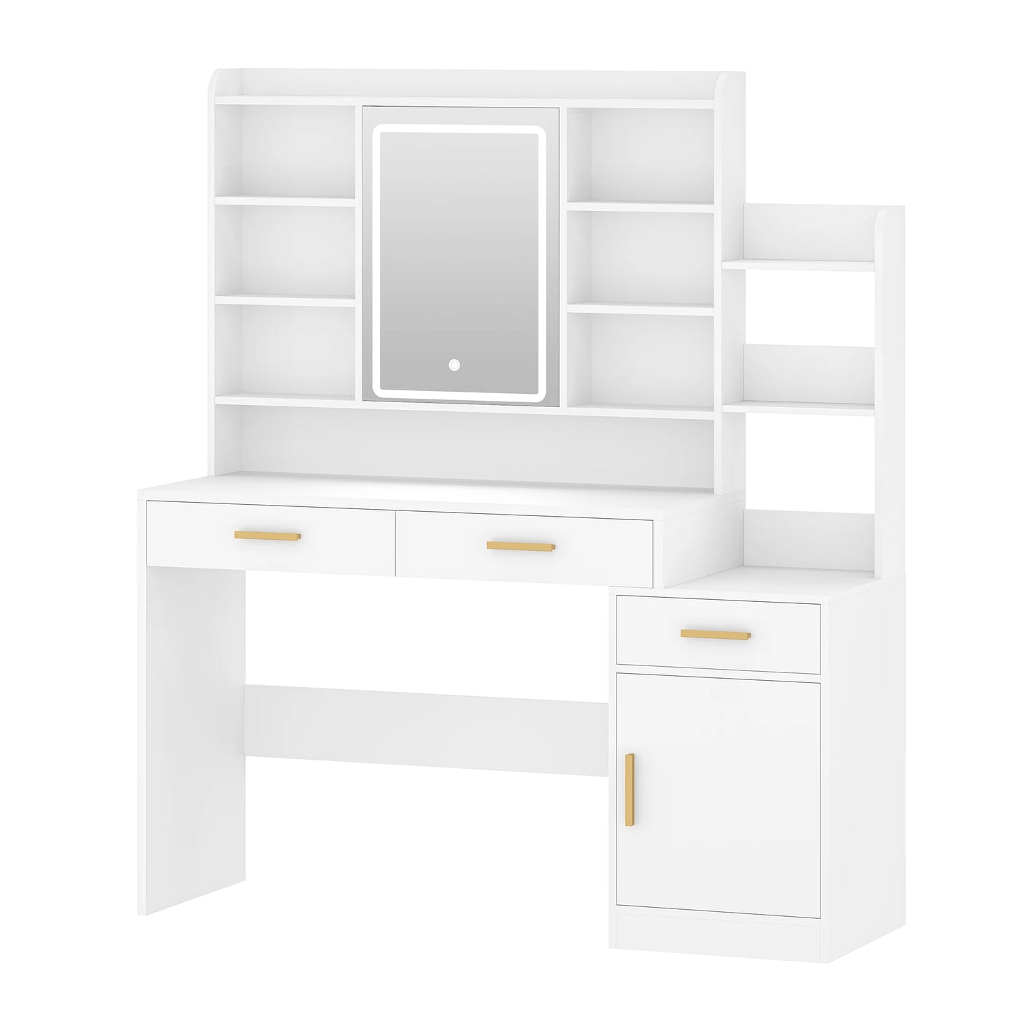 Make-up Tafel – Kaptafel – Schminktisch – Dressing Table – Toilettafel – Met Spiegel en Instelbare LED Verlichting – 130 cm Breed Met 3 Laden en Kastje - QUORE
