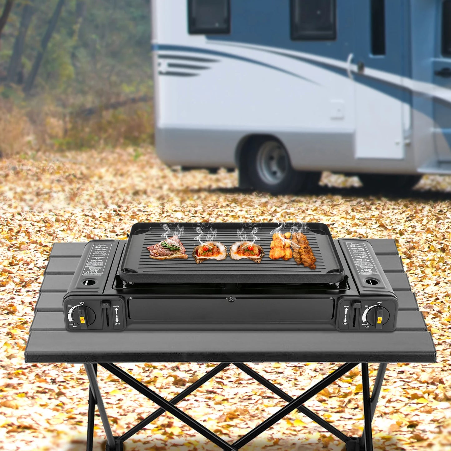Tafel BBQ Gas – Camping Kooktoestel 2 Pitten – Draagbare Gasbrander met Draagkoffer – Verwijderbare Bakplaat – 64x28cm – Zwart