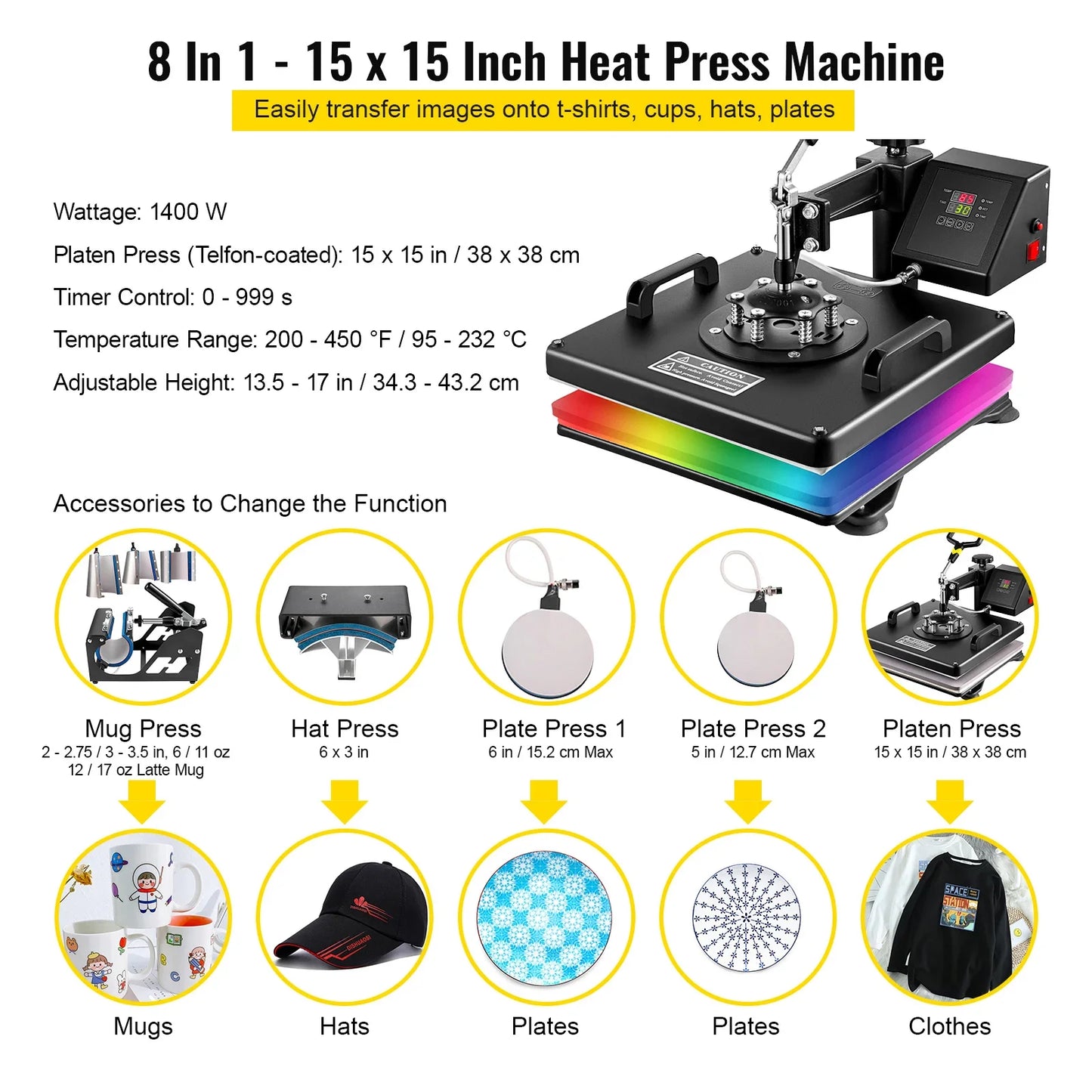 8-in-1 Hittepersmachine - 15x15 Inch Multifunctionele Sublimatie Pers - Geschikt voor T-Shirts - Mokken - Hoeden - Borden - 360° Draaibare Transferpers