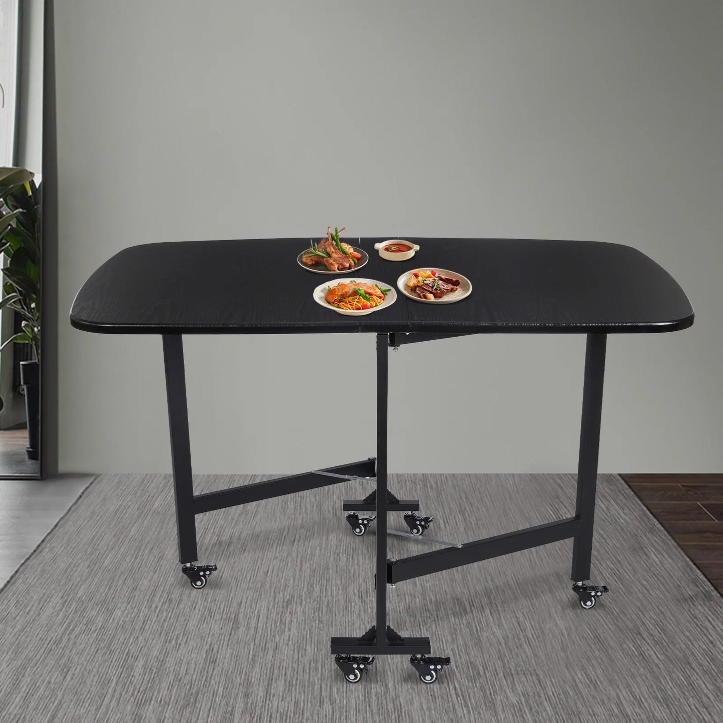Multifunctional Foldable Dining Table Small Kitchen Table Black with 6 Brake Castors in 3 Shapes 120 x 80 x 75 cm - QUORE