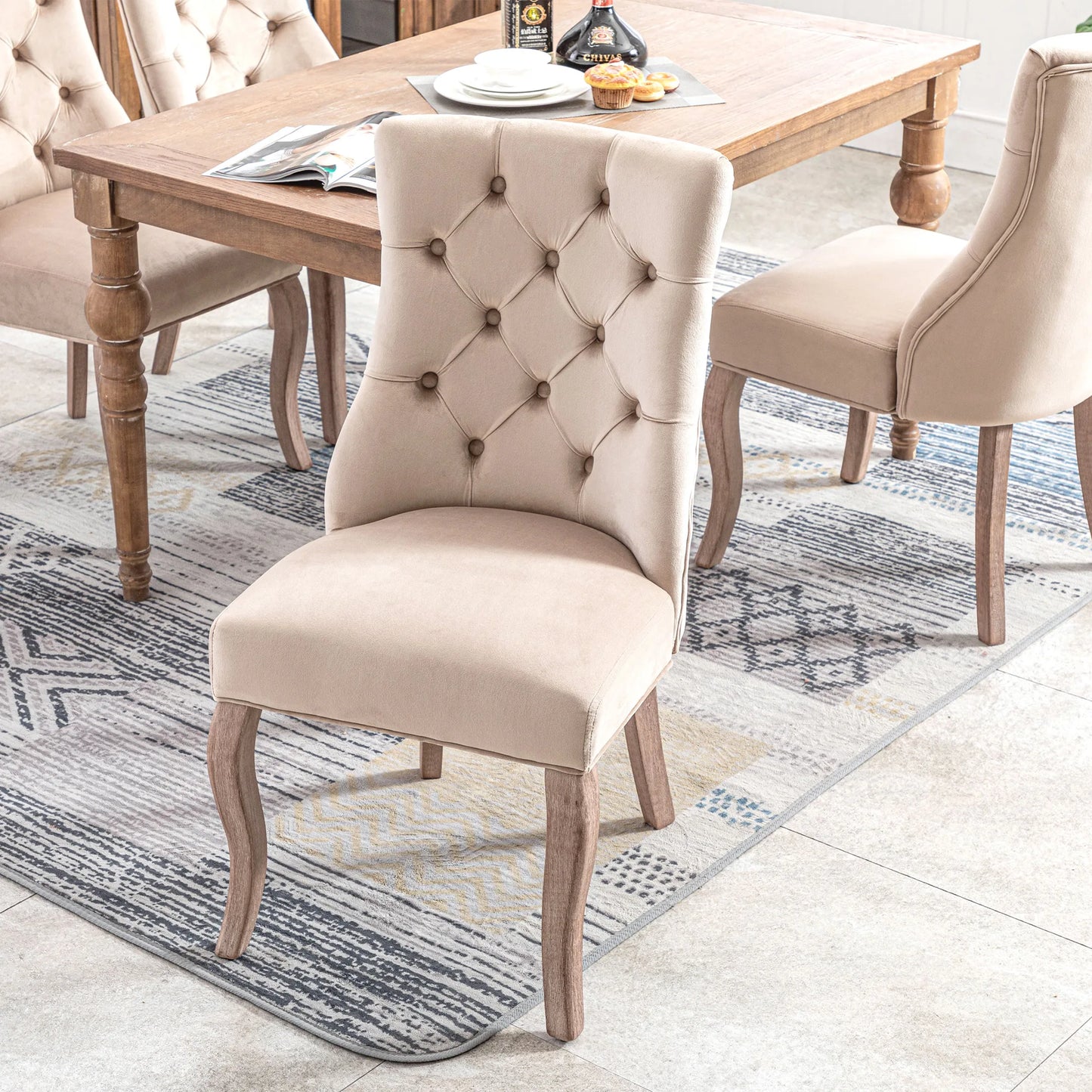 Eetkamerstoel – Fluwelen Stoel – Comfortabele Stoel – Hoge Rugleuning – Massief Rubberhout – Draagvermogen 150 Kg – Zachte Schuimlaag - 2 Stuks - Beige