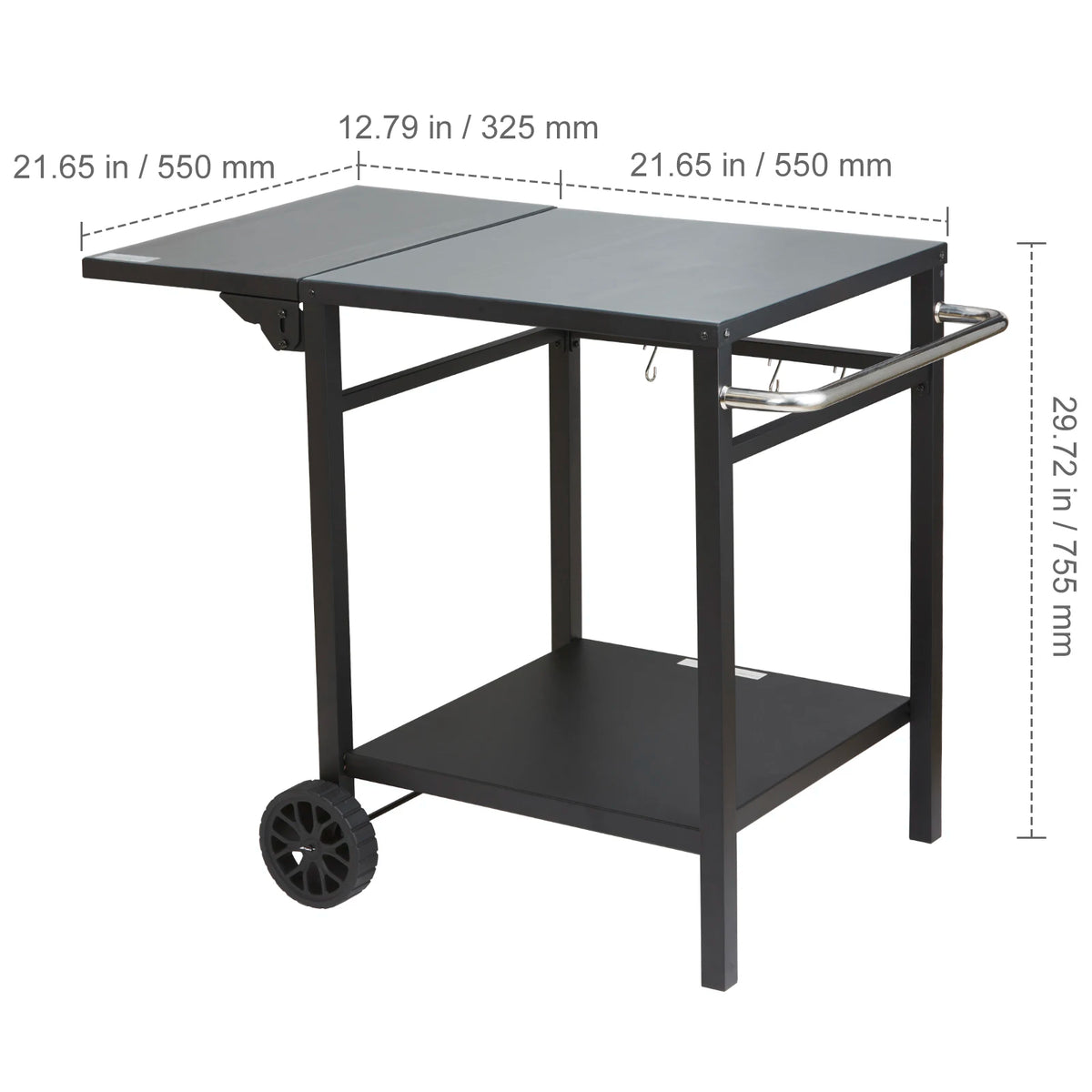 Eettafel met dubbele plank - BBQ verplaatsbare voedselbereidingstafel - opvouwbaar - pizza-ovenstandaard - tafelblad van ijzer/roestvrij staal - 56X56cm - QUORE
