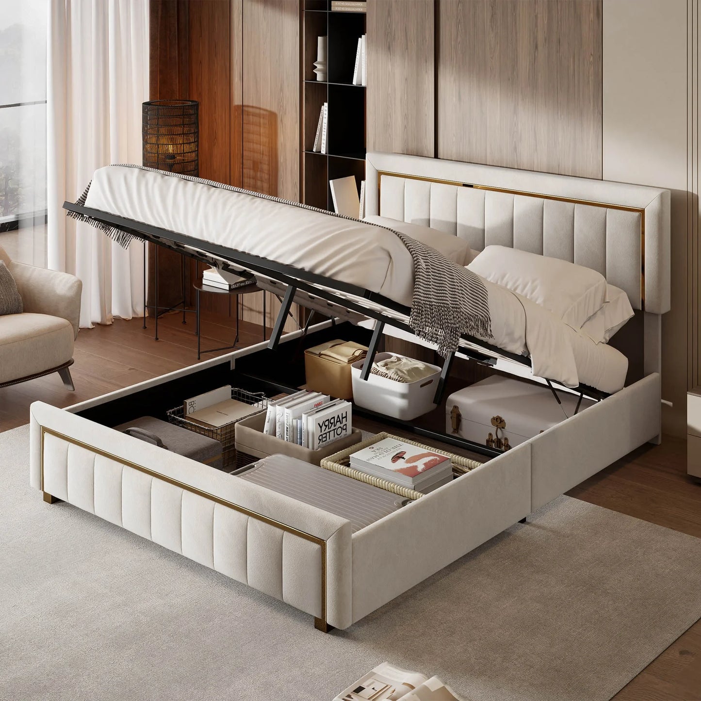Modern Velours Bed – Boxspring Bed – Slaapbank – Stapelbed – Bedframe – Ivory – Ruime Opbergruimte Met Hydraulisch Systeem – Duurzaam Massief Houten Frame - QUORE