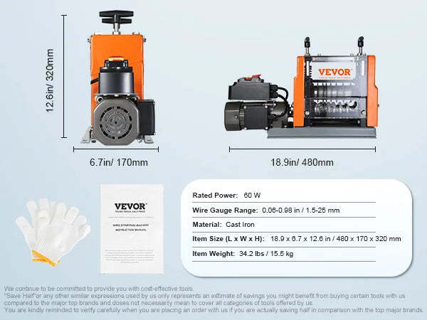 Kabelstripper - kabelstripper - draadstripper - elektrische draadstripper - koperdraadstripper - 60W- 1,5-25mm zichtbare stripperdiepte 6 ronde &1 platte kanalen - voor het recyclen van schrootkoper