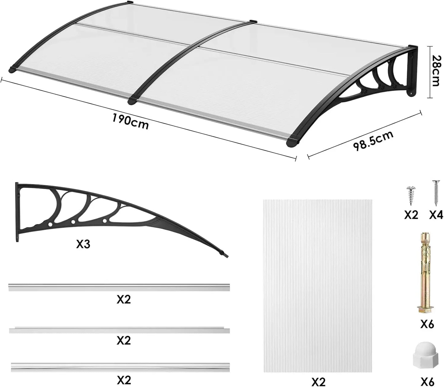 Deurluifel - Weerbestendige - Polycarbonaat Overkapping - Duurzame Materialen - Sterke ABS Beugels - Voor Deur - Raam en Balkon - 190x98.5 cm - Wit