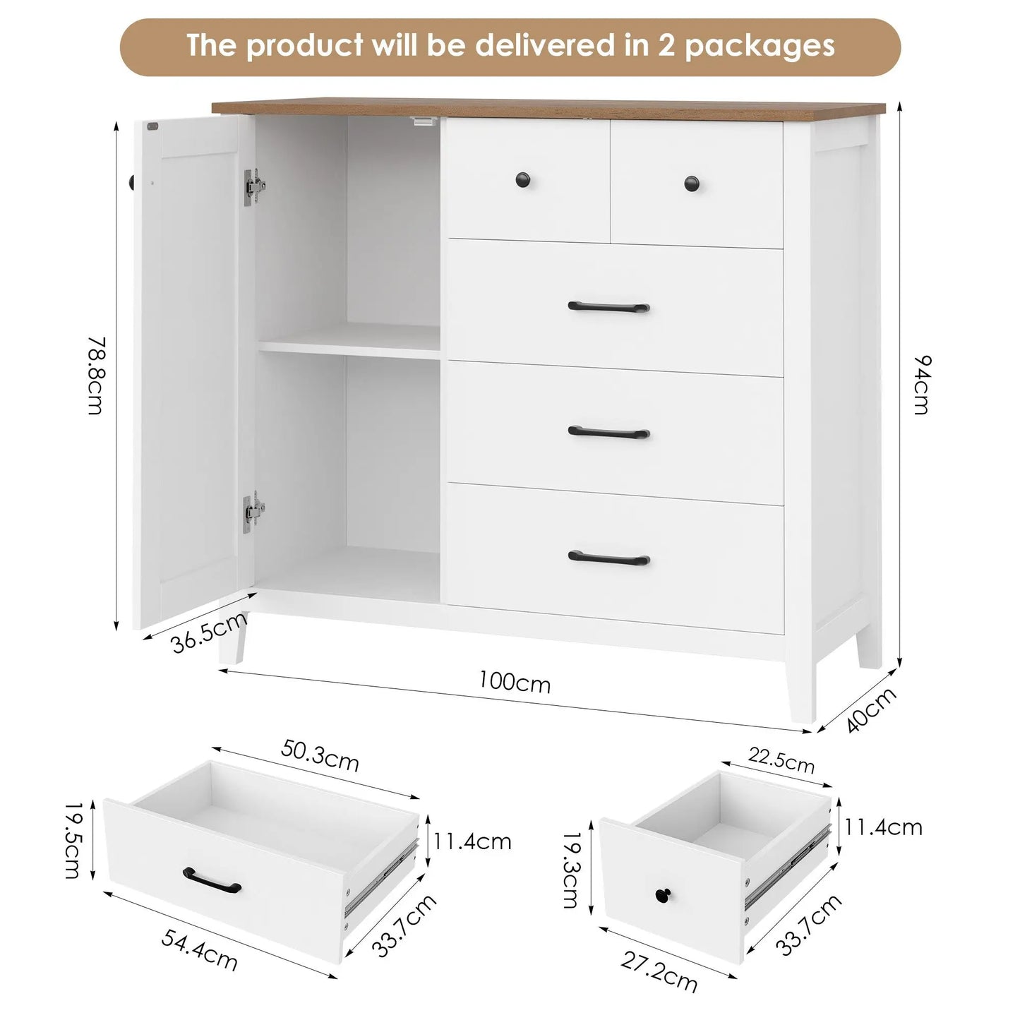 Sideboard – Dressoir – Buffetkast – Keukenkast – Halmeubel – Wit Met Bruine Accenten – 5 Laden en 1 Deur – Duurzaam MDF – Ruim Werkblad 100x40 cm