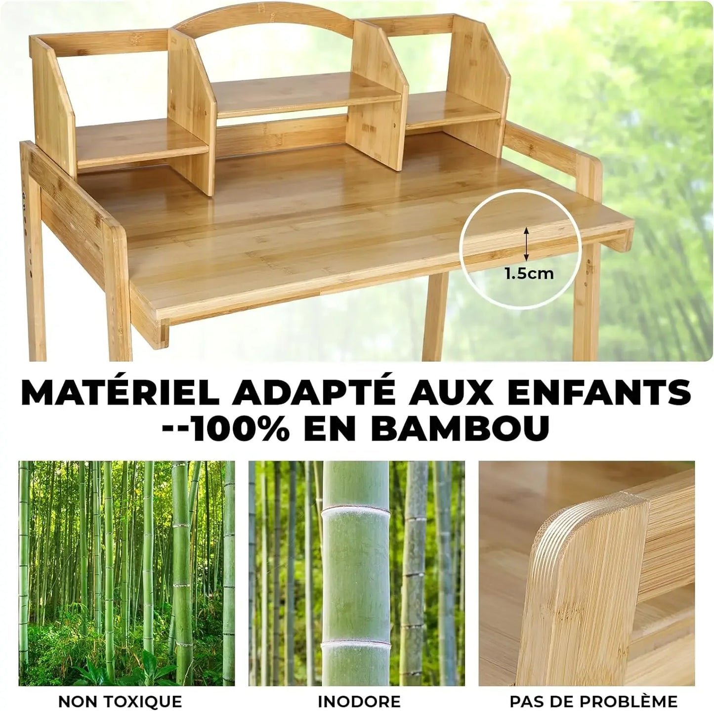 Kinderbureau met Stoel – Verstelbare Kindertafel en Kinderbureaustoel – Met Opbergruimte – Bamboe – 95x80x50 cm – Geschikt voor Kinderen van 3 tot 10 Jaar