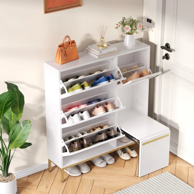 Schoenenkast – Schoenenopslag – Schoenenrek – Schoenenbank – Schoenenmeubel – 15 Tot 22 Paar – MDF Met Gouden Accenten - 105 × 115.5 × 25 cm - Wit - QUORE