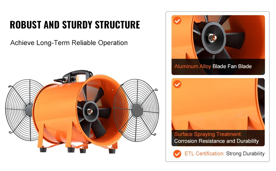 Krachtige Cilinderventilator - 300W - Bouwventilatoren - Uitlaatventilator - Industriële Afzuigventilator - en Blower - Draagbare - met 10m Luchtslang - voor Stof- en Rookverwijdering