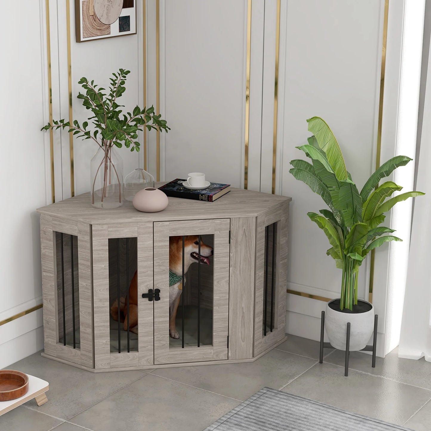 Hondenbench – Hondenhok – Hondenmand – Hond Bench – Houten Constructie – Afneembaar Kussen - 104 x 55 x 63 cm - Grijs