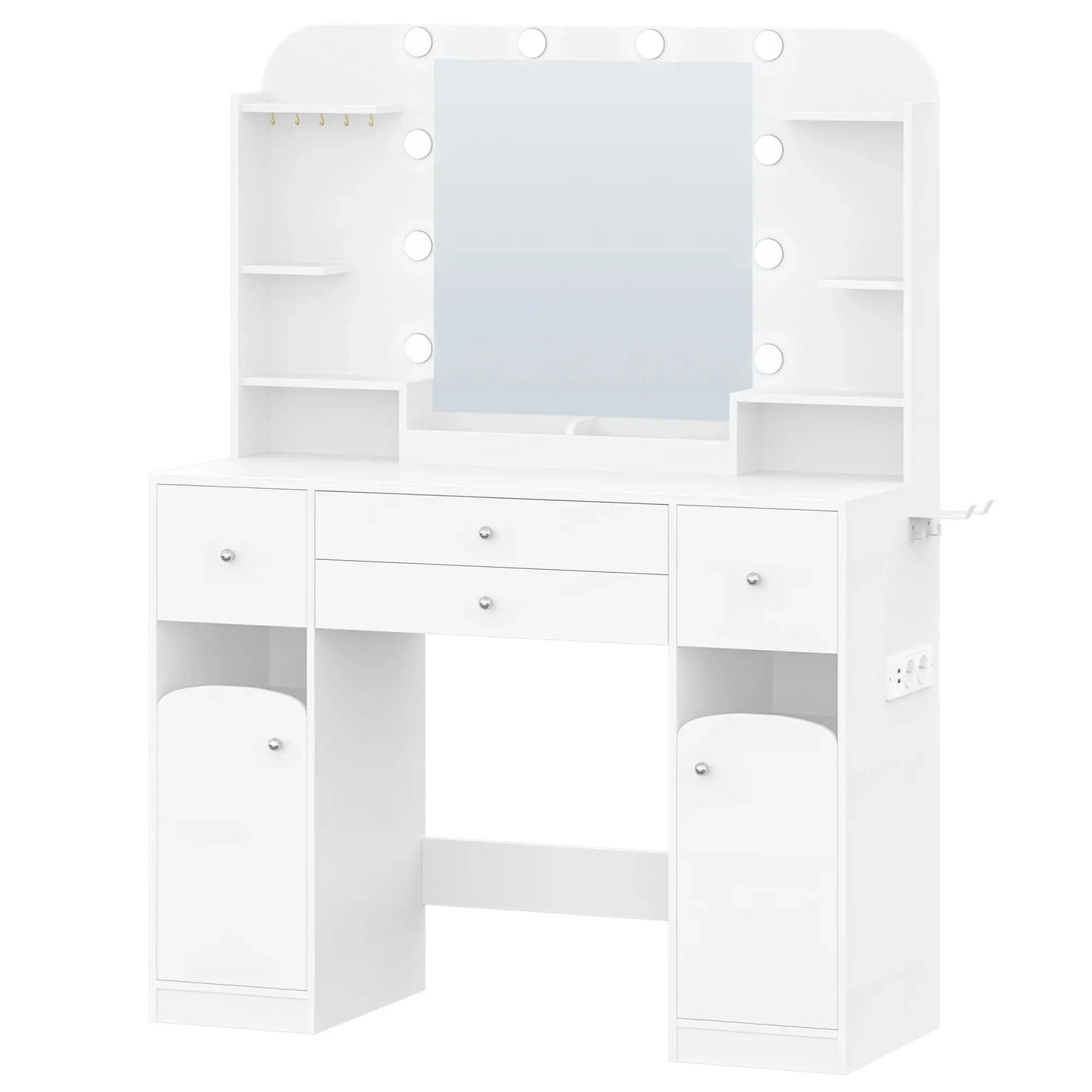 Make-uptafel – Kaptafel – Visagie tafel – Make-up bureau – Witte make-uptafel – LED-verlichting met instelbare lichtsterkte – 2 Grote laden met sieradentrays - QUORE