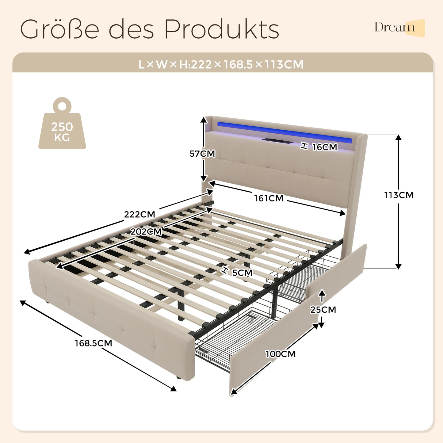 2-persoonsbed – Tweepersoonsbed – Bed Met Opbergruimte – Slaapbank – Led Bed – Met USB Oplaadpoort – Stijlvol Met Metaal En Composite Stof – 222x168,5x113 cm