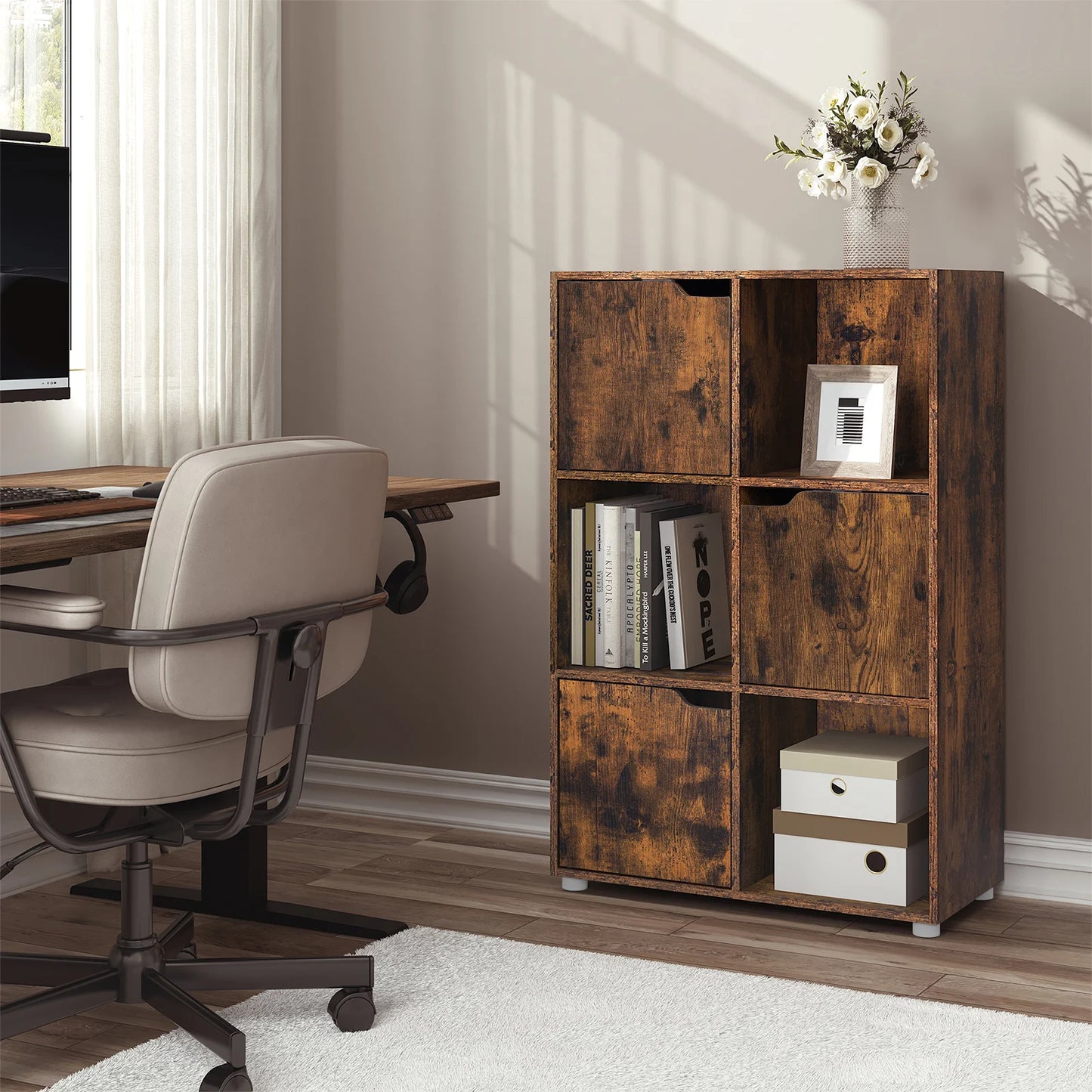 Boekenkasten - Boekenplanken - Boekenkasten Hout – Vrijstaand Wandrek met 6 Vakken & Deuren – Opbergkast voor Boeken - Dossiers - Decoratie – Geschikt voor Woonkamer - Slaapkamer - Kantoor – 59,7x29,7x91cm - Rustiek Bruin