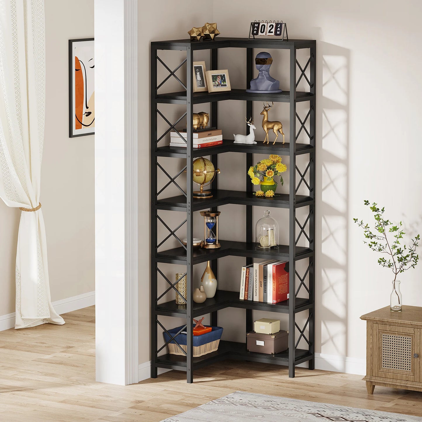 Hoeksalonkast – Hoekkast – Boekenrek – Opbergkast – 7-Laags Metalen Frame – 60 Cm Breedte – Verstelbare Pootjes
