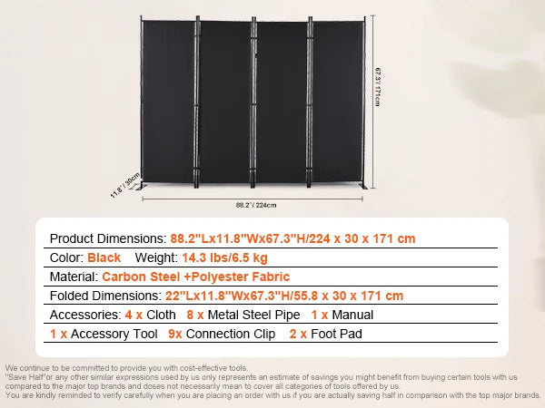 Room Divider - Partition Wall - Screen Partition - Partition Room Divider - 4 Panels - Adjustable in Size & Height Freestanding - Foldable - for Office - Home - Black