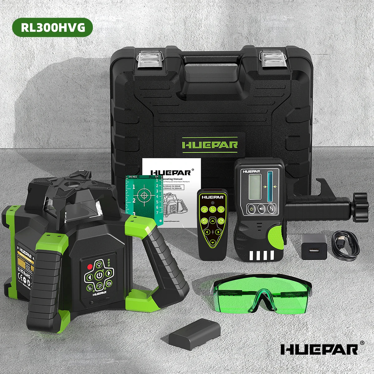 Huepar RL300HVG Electronic Green Rotary Laser Level + Plumb Points Self-Leveling Rotary Laser Set With Receiver & Remote Control