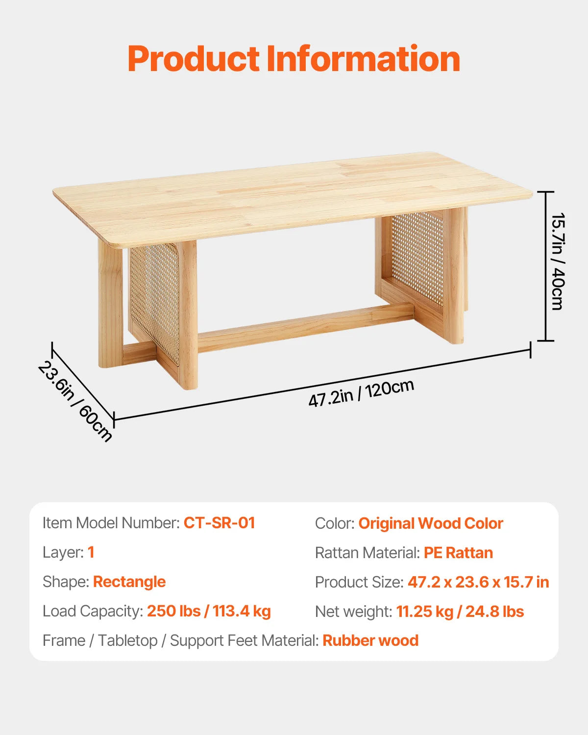 Koffietafel - Table - Coffe table - Living Room Table - Rotan salontafel - Rechthoekige salontafel - Moderne Boho-stijl - 2 lagen opbergruimte - Salontafel voor woonkamer/slaapkamer - 47 inch
