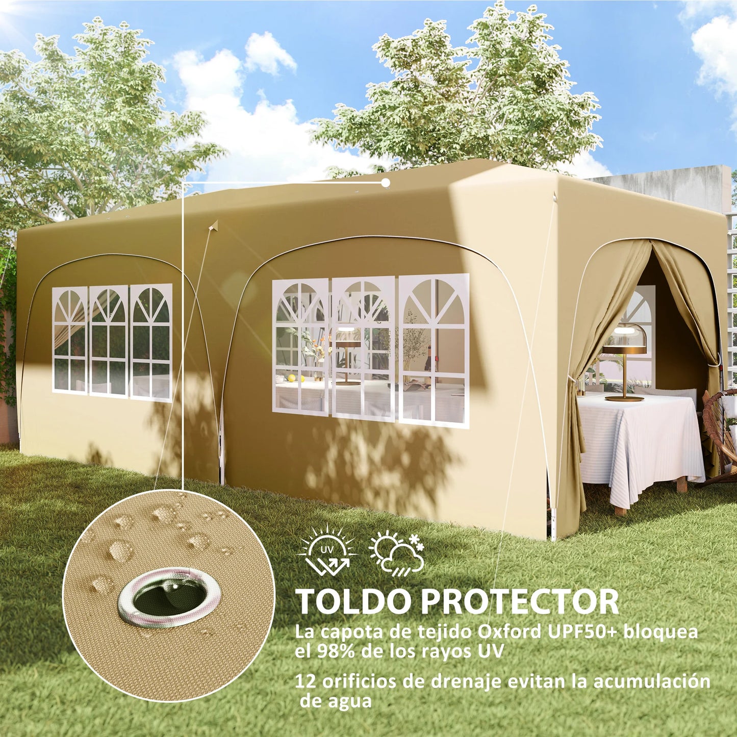 Paviljoen - Tuinpaviljoen - Partytent - Tuintent - Pop-up Kliksysteem - Stabiel - Vouwtent - Opvouwbaar - met Zijpanelen - Waterdicht - Winterbestendig - 50+UV-Bescherming - voor Tuin - Buiten - Achtertuin - Oxford fabric - 3 x 6 m - Sand