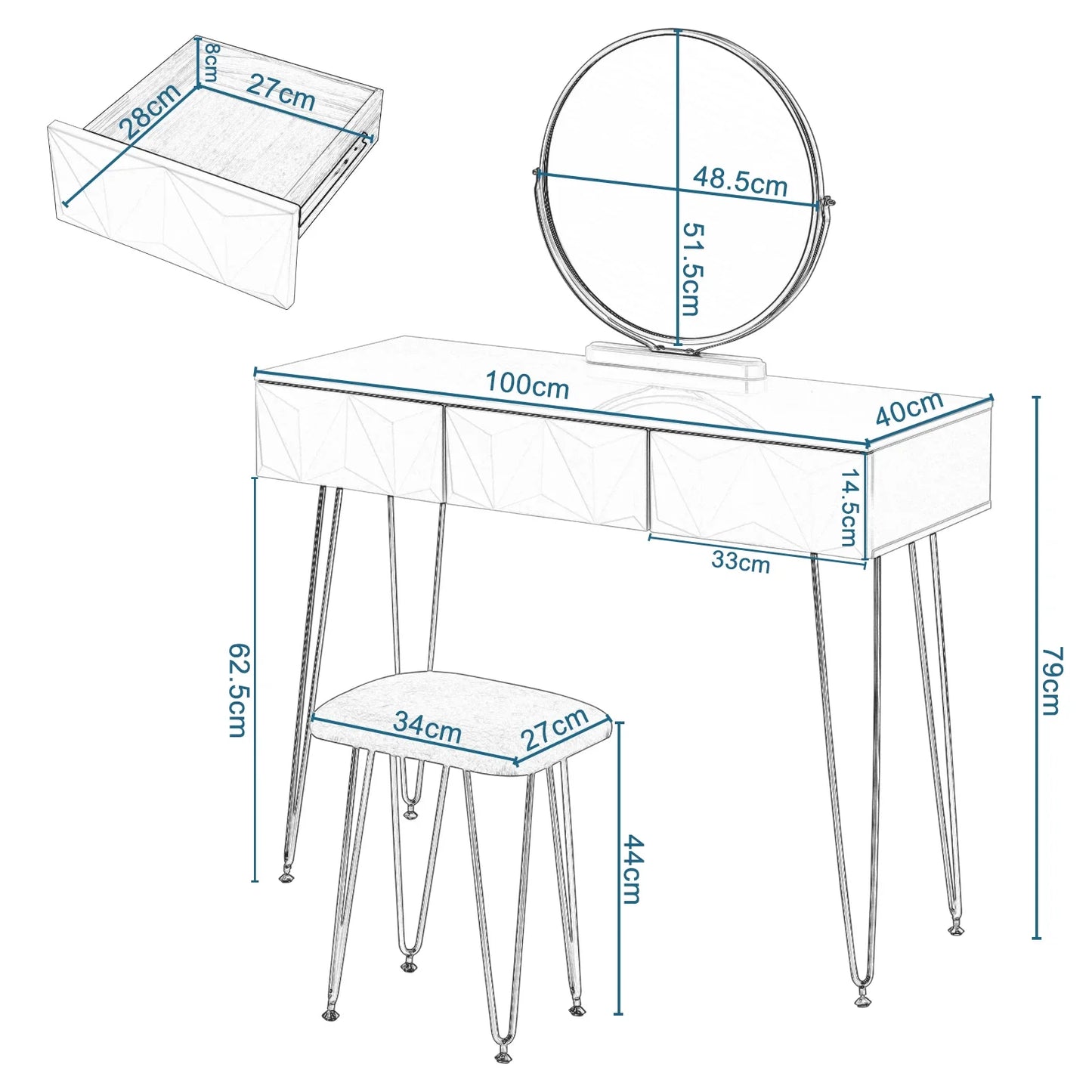 Kaptafel – Make-up Tafel – Visagie Tafel – Schminktafel – Dressoir – Wit – 360° Draaibare Spiegel – Fluwelen Kruk
