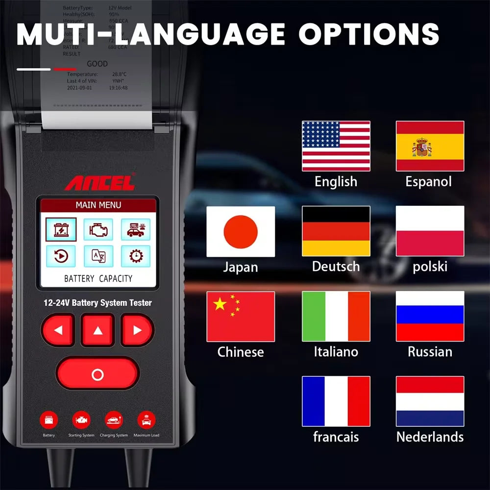 Batterijtester – Accutester – Accu Checker – Voltage Meter – Batterij Diagnosedoos – 12V En 24V – Ingebouwde Printer - QUORE