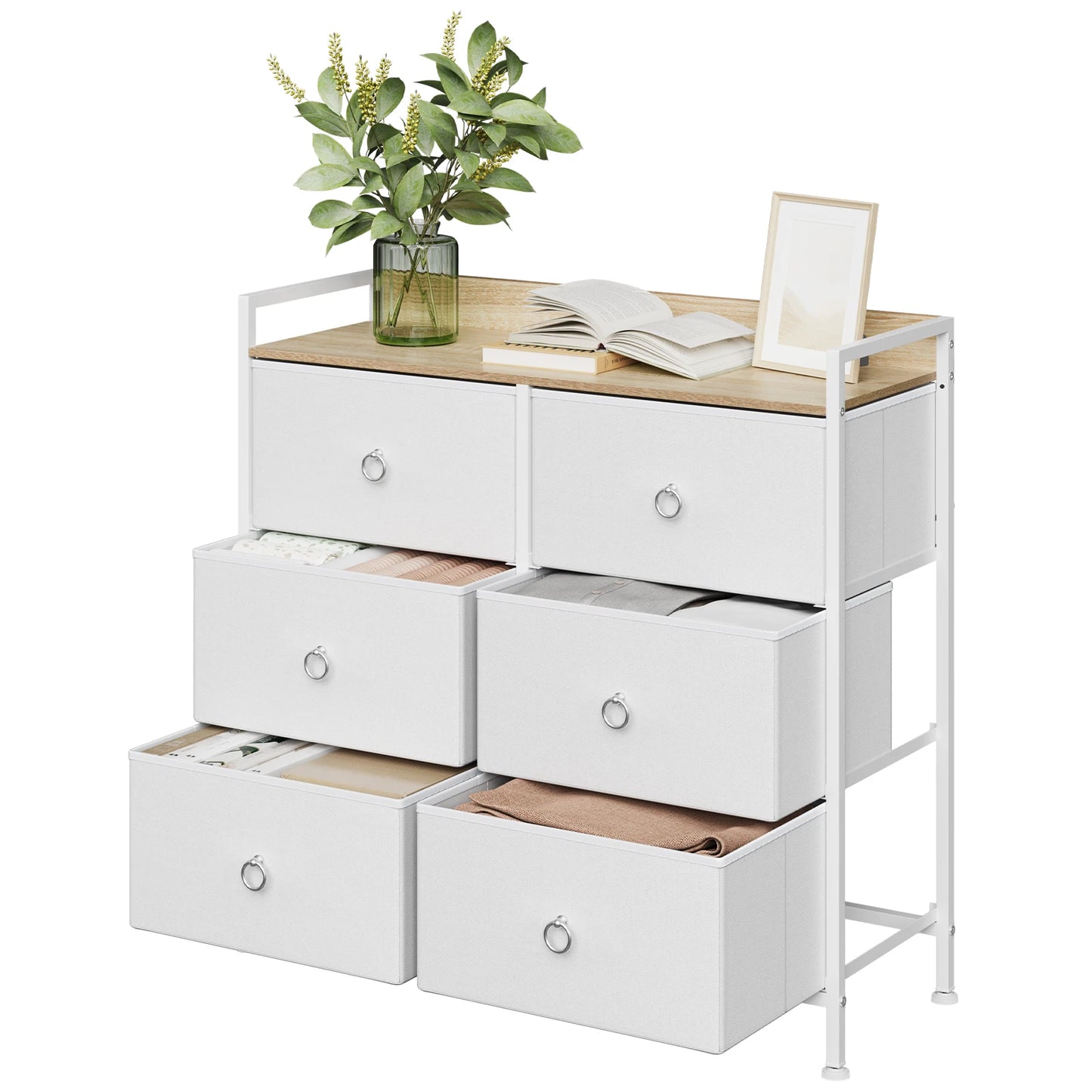 Ladenkast - Dressoir Kasten - Ladekast met 6 Stoffen Lades - Stevig & Stijlvol - Industriële Opbergkast - Metaal & Hout - Voor Woonkamer - Slaapkamer - Hal - 80x29x78cm - Wit - QUORE
