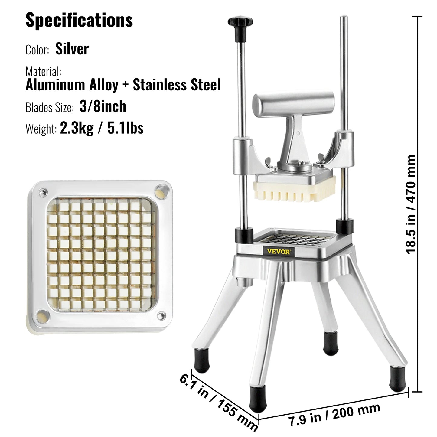 Groente- en fruitsnijder roestvrij staal - Snijmachine - Groentesnijder - Fruitsnijder - Mandoline - Hakmolen - Groentesnijder Multifunctioneel - RVS Dicer – 3/8 & 1/4 Inch Snijbladen voor Keuken, Restaurant en Catering