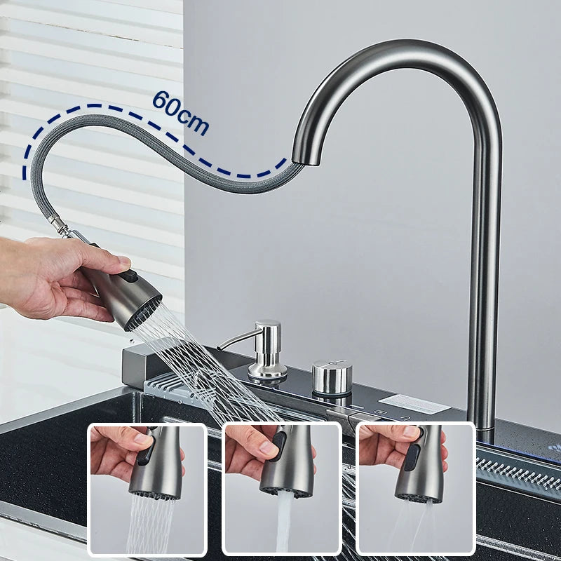 RVS Keukenspoelbak – Spoelbak RVS – Spoelbak Inbouw – Spoelbak Groot – Keukenspoelbak Één Bak – Digitale Watervalkraan – 75x45 cm Groot - QUORE