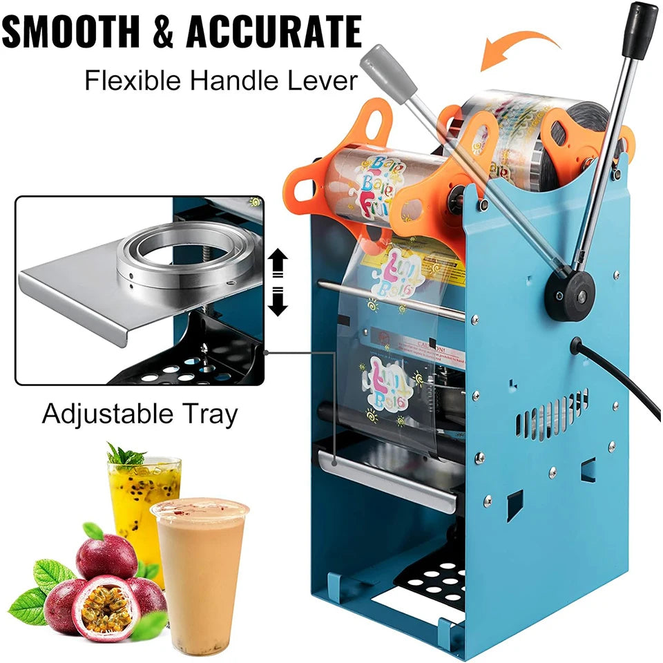 Handmatige Bekersluitmachine - Koolstofstaal en ABS - Maximum 500 Kop/Uur - Voor Drankrestaurants - Drankenfabrieken en Melktheewinkels - 27x27x65 - 220V - Blauw