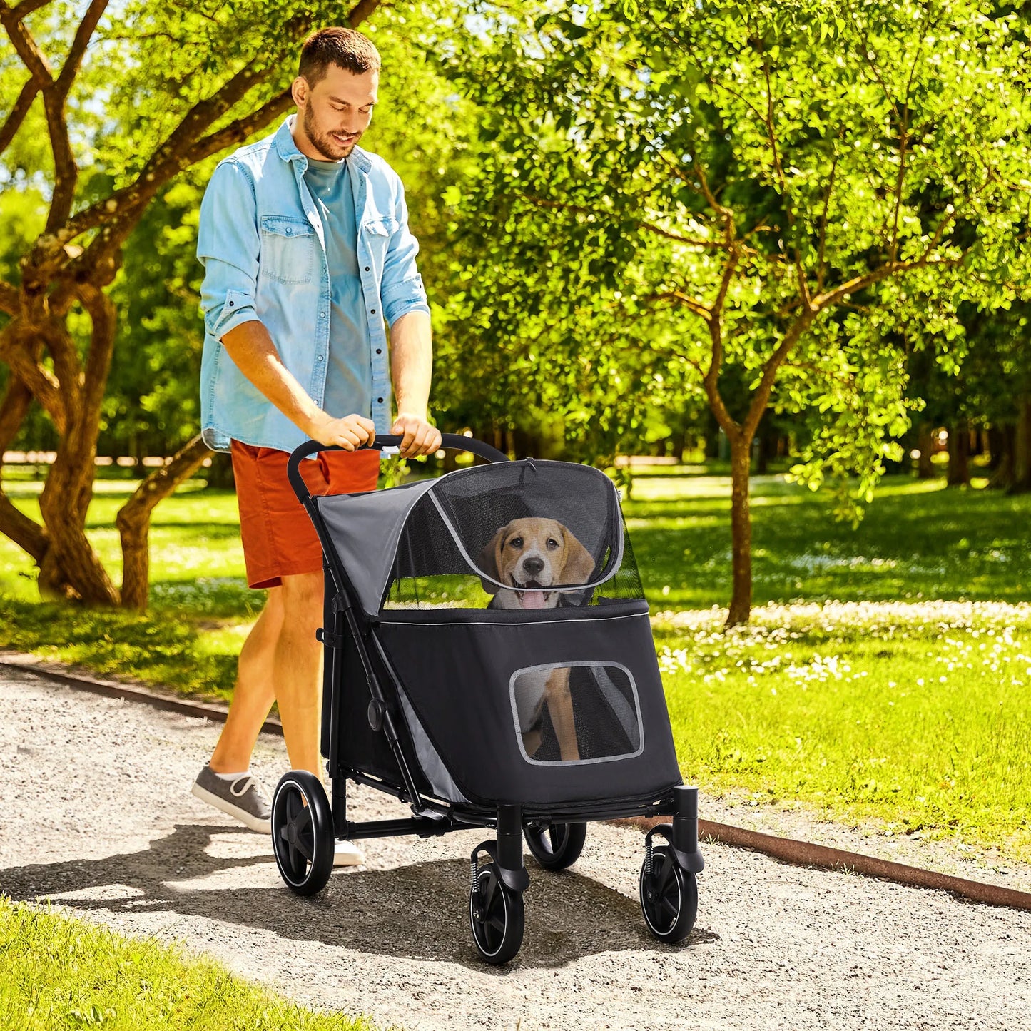 Hondenwagen – Hondenbuggy – Hondenbuggy Inklapbaar – Hondenkar – Dierenbuggy – Inklapbaar Met Eénklik – Geschikt Voor Middelgrote Honden Tot 30 Kg - 112 x 65 x 100 cm - Grijs