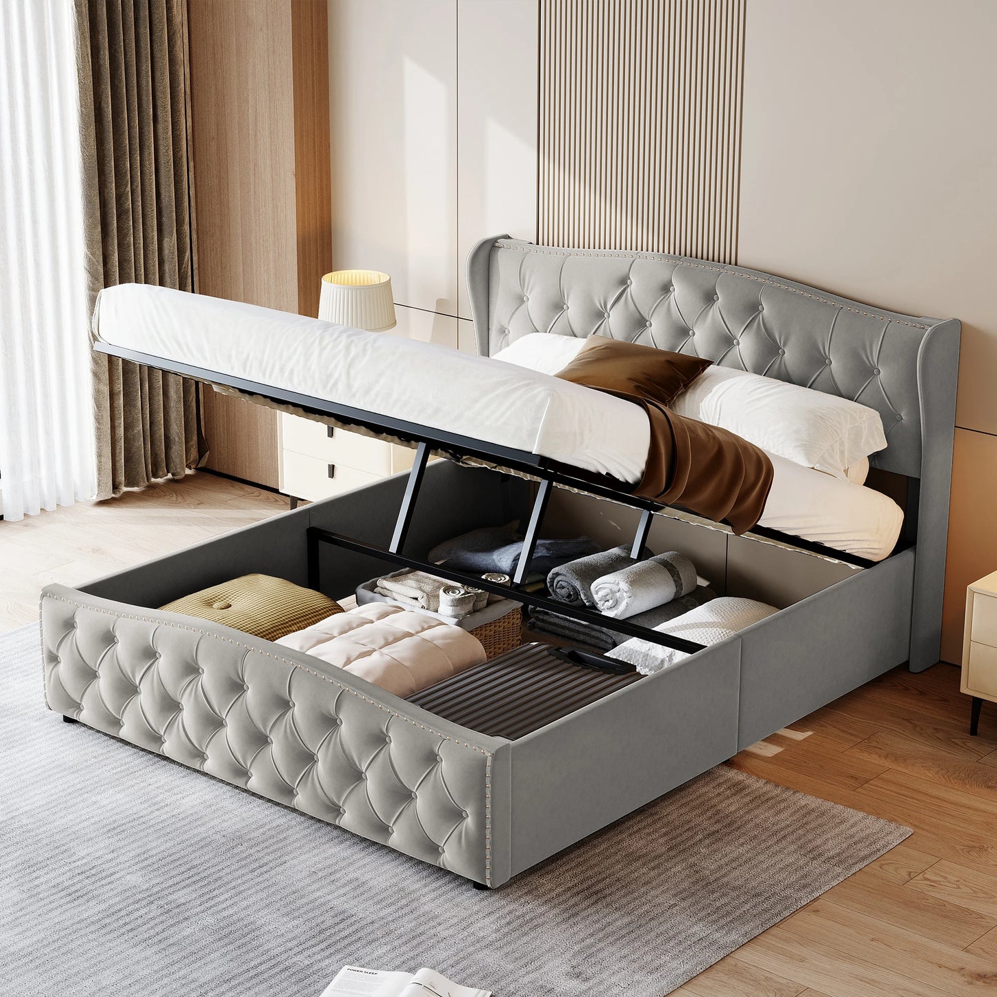 Velvet Bed – Slaapbed – Opbergbed – Bed Met Laden – Scandinavisch Bed – Ruime Opberglade – Stevig Houten Frame - Lichtgrijs - 140 x 200 cm