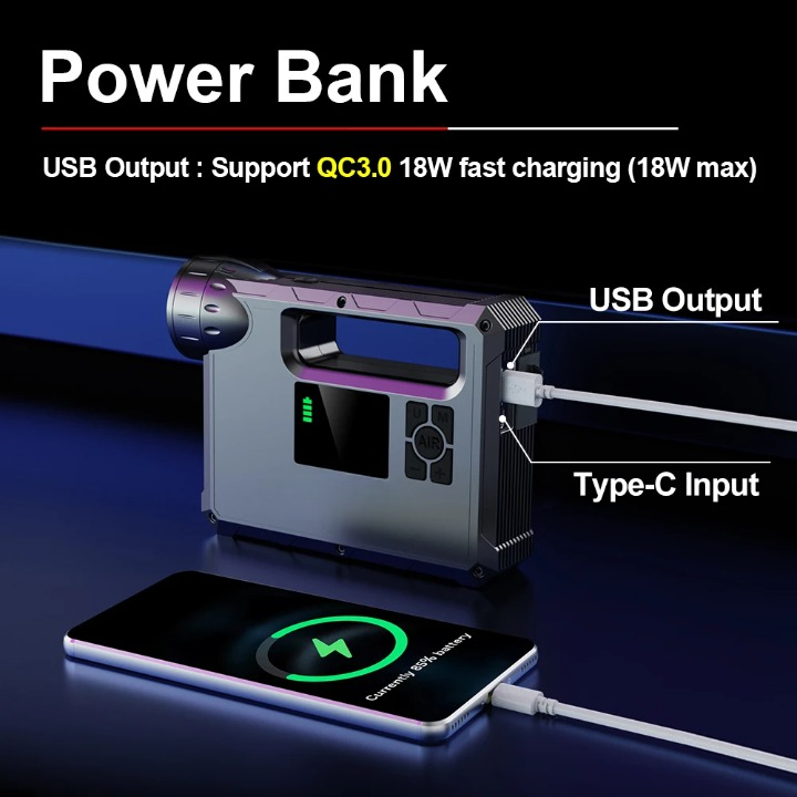 5-in-1 - Auto-Starthulp - Draagbare Zaklamp - Startapparaat Power Bank - Automotive Booster-start - met Luchtcompressor - 12000-18000mAh - 1000A - 150PSI - 12V - 10W - 1300LM - Zwart