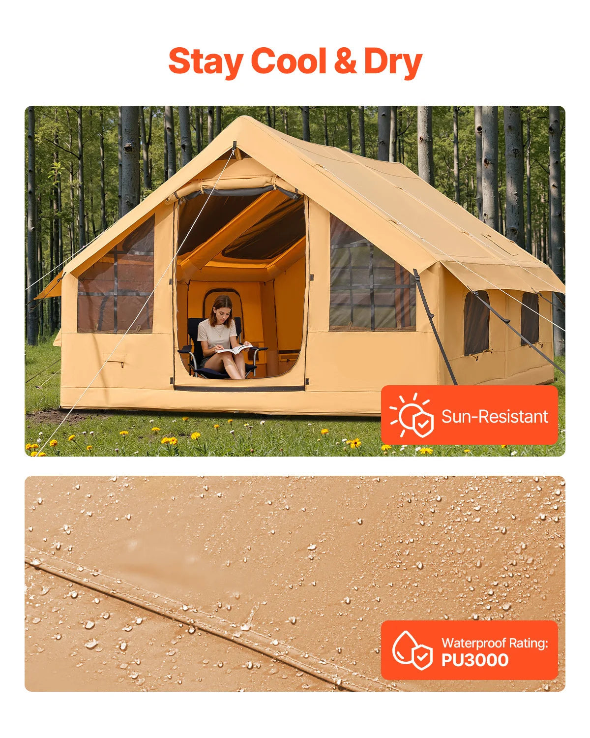 Opblaasbare Tent – Kampeertent – Familietent – Roadtriptent – Waterdicht Oxford Polyester – 5-8 Personen - 4 x 3.1 m - Geel
