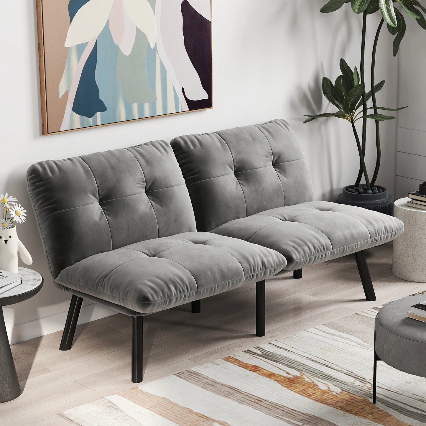 Cream-colored, foldable modern sofa bed – 2-seater futon couch with sleeping function, space-saving guest bed