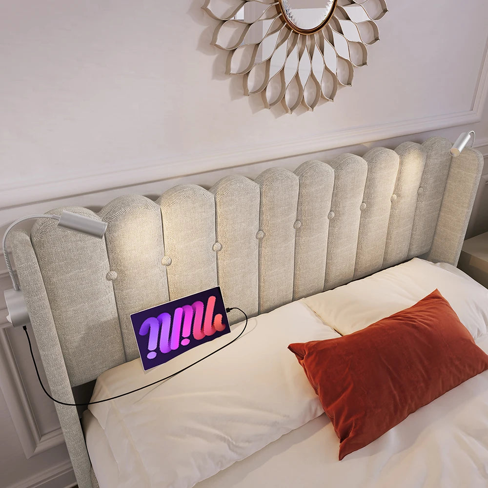 Bed – Slaapbed – Opbergbed – Linnen Bed – Houten Bed – 160x200 cm – Opklapbare Lattenbodem Met Gasveren – Geïntegreerde Leeslamp Met USB-oplaadpoort - QUORE