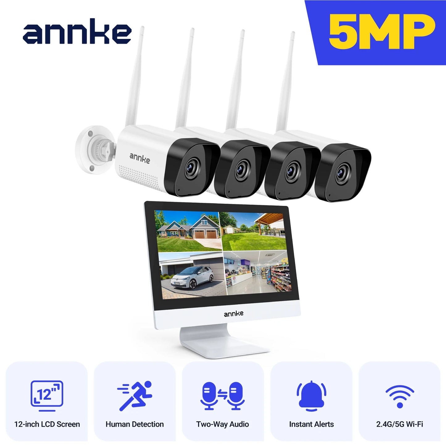 ANNKE 5MP Wireless Security Cameras Kit Outdoor Waterproof 10CH NVR 12 inch Monitor with IP Camera Surveillance CCTV System Set