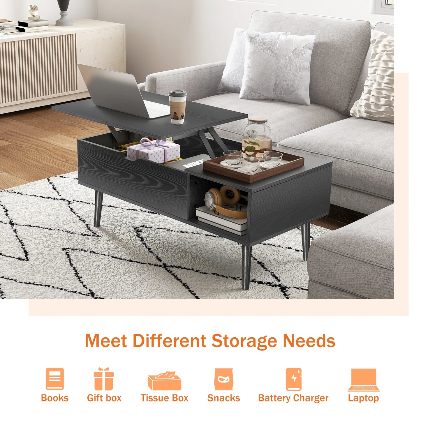 Verstelbare Salontafel - Met Lift-Top - Houten Koffietafel met Opbergruimte - Multifunctionele Eettafel - Bureau Voor Woonkamer - 100 x 50 x 44.2 cm - Zwart