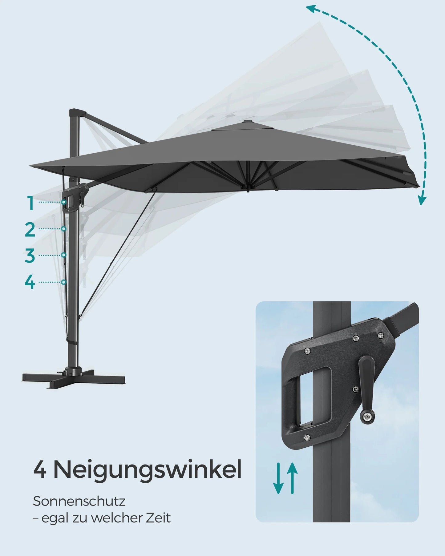 Parasol – Tuinparasol – Terrasparasol – Zonneparasol – Rond – 290x290 Cm – 360° Draaibaar - Rookgrijs - QUORE