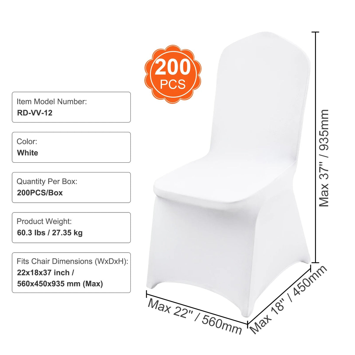 Chair Cover - Dining Chair Covers - Stretch Chair Covers - Chair Covers - Universal Cover - Spandex - Removable Chair Cover - 200 pcs - White
