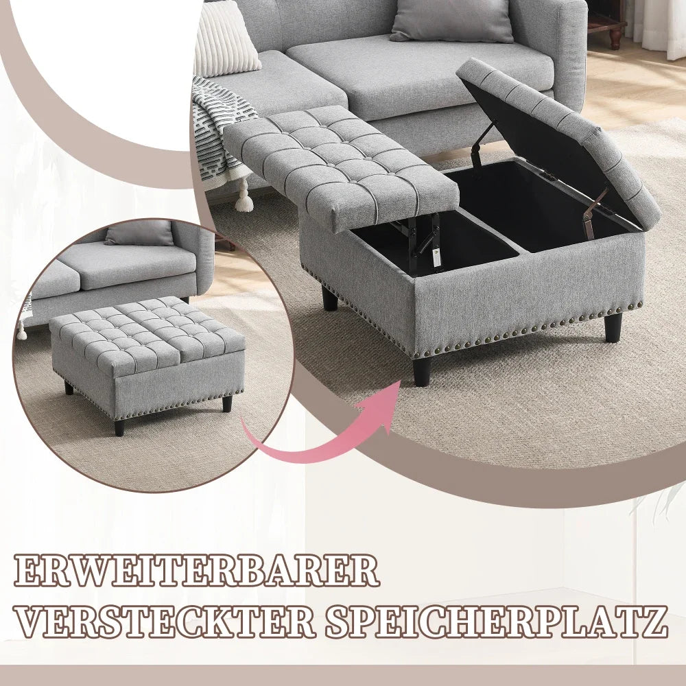 Opbergpoef – Zitzak – Opbergbox – Poef met Opbergruimte – Sitzbank – Grijs Linnen – Dubbellaagse Opbergruimte – Comfortabele Zitting 75x75x41 cm