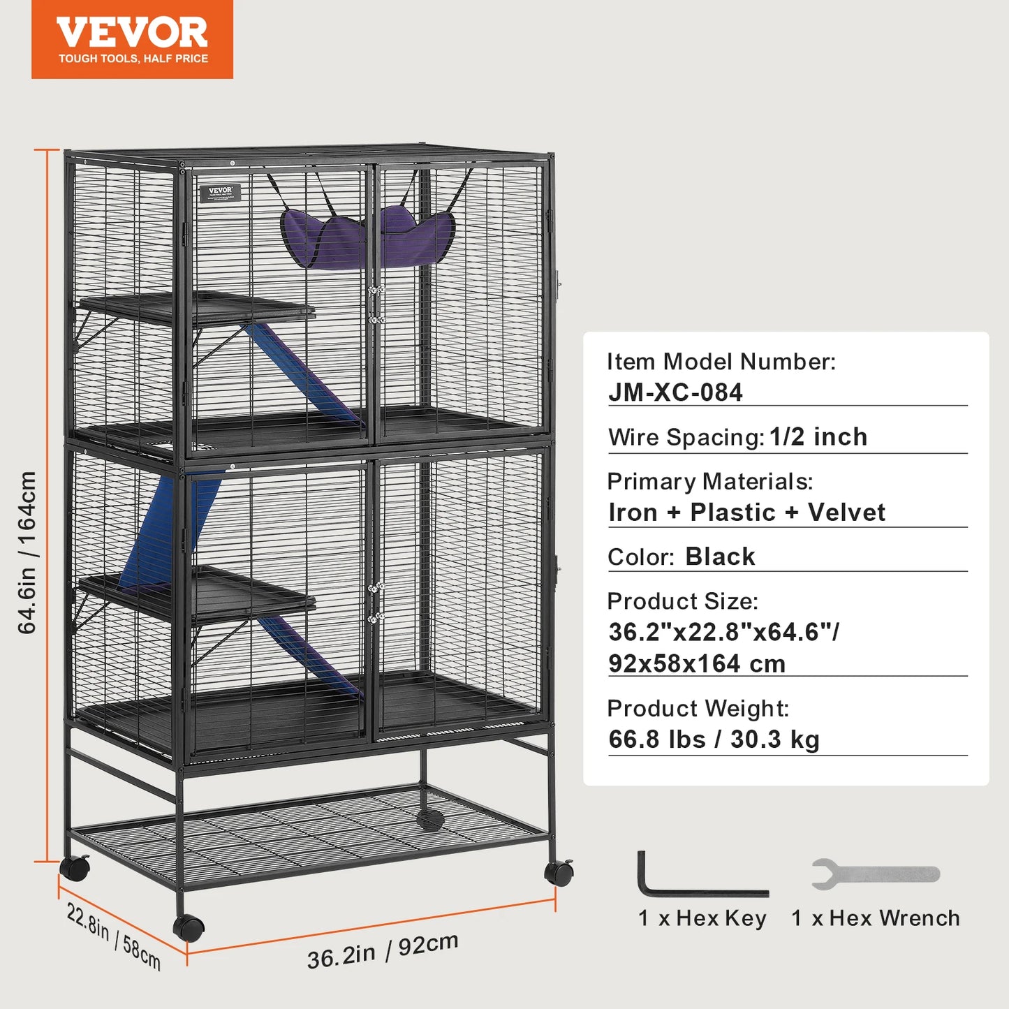 4-Laags Metalen Kooi Voor Fretten - Geschikt Voor Ratten, Hamsters, Cavia's en Chinchilla's - 92 cm x 58 cm x 164 cm - QUORE