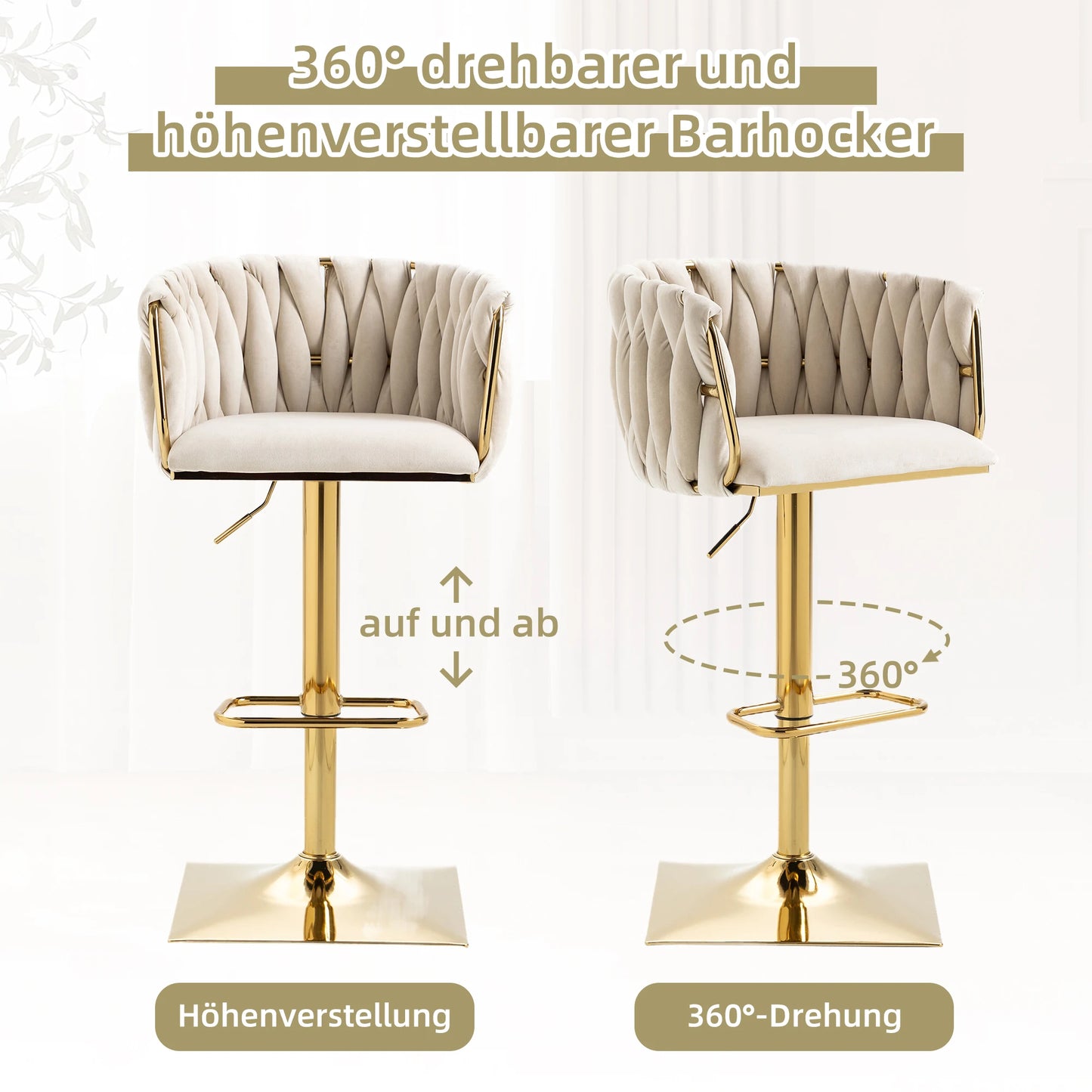 Barkruk – Barstoel – Keukenstoel – Draaiende Kruk – Verstelbare Hoogte – Metalen Frame – Velours Bekleding - Ivoor