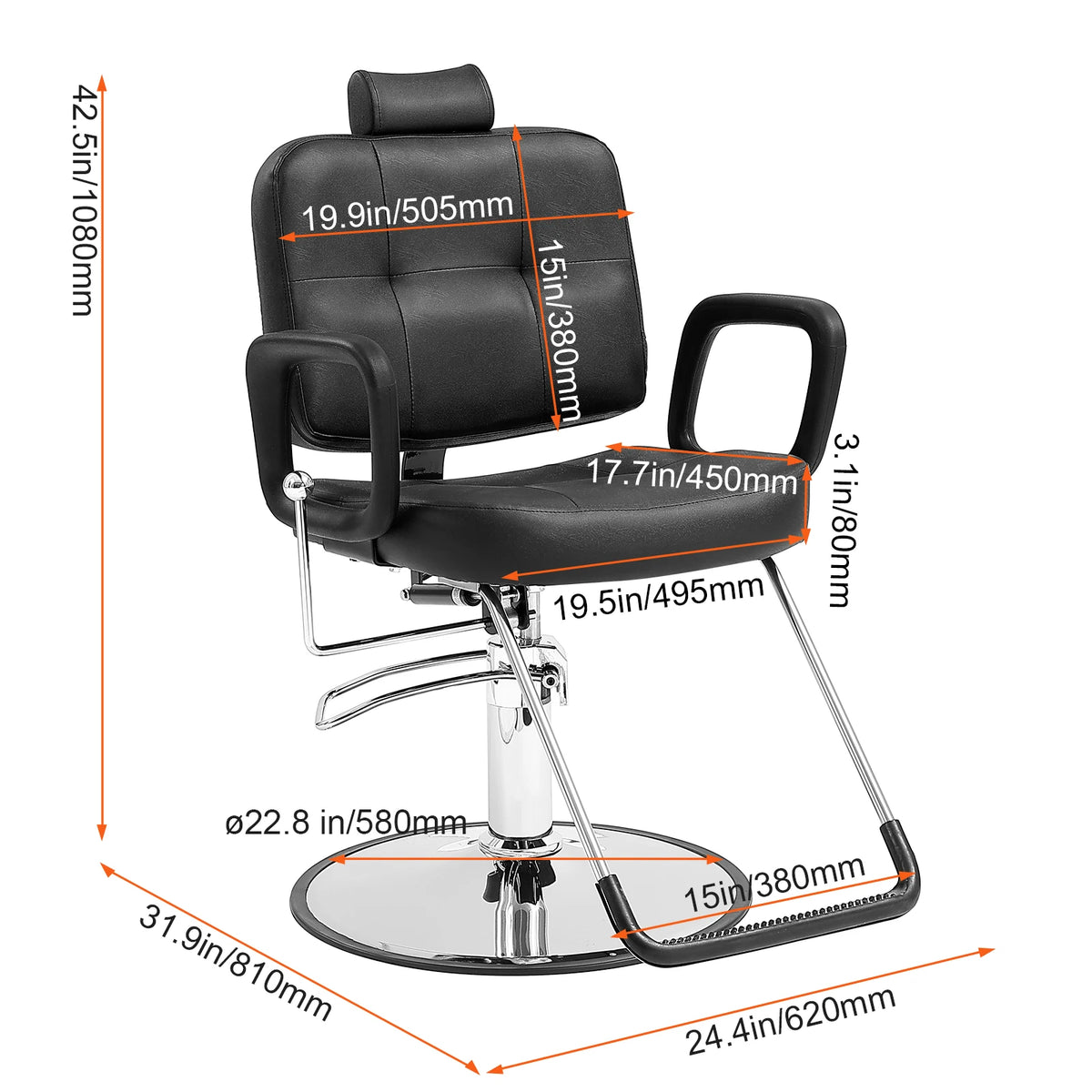 Kapperstoel - Kapperskruk - Salonstoel - Haarkapperstoel - Behandelstoel - 30x37x48.5 inch - 24.5kg - Zwart
